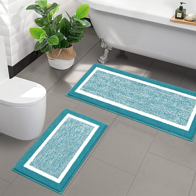 Pauwer Bathroom Sets, Non Slip Bath Mats, Absorbent Shower Rugs for Bathroom Floor, Tub and Shower, Aqua Blue