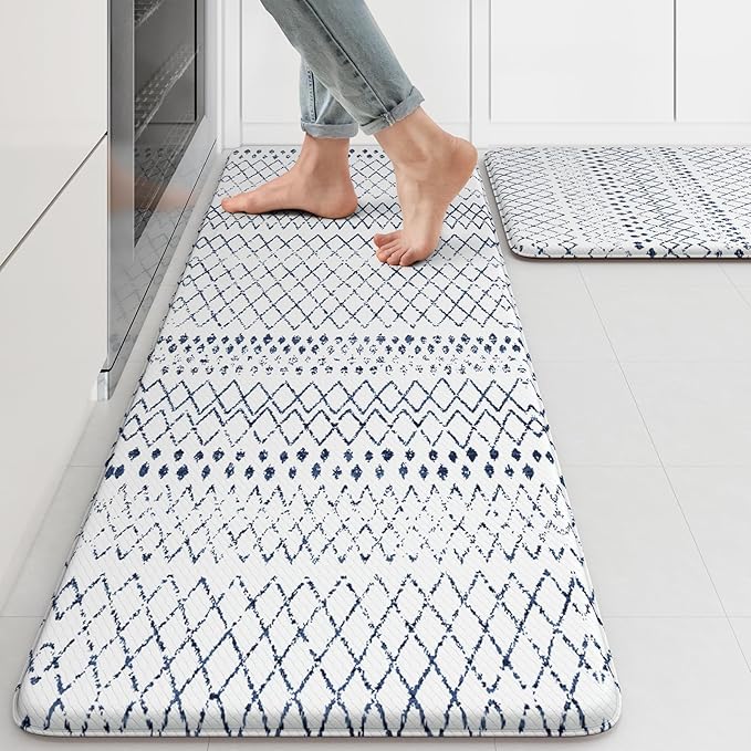 KIMODE Kitchen Mats 2PCS Cushioned Anti Fatigue Boho Kitchen Rugs and Mats Non Slip Waterproof Kitchen Mats for Floor Comfort Foam Standing Desk Mat for Home Office Sink Blue White Laundry Room Decor