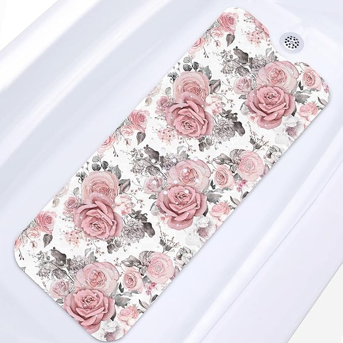 Pink Flower Leaves Bath Mat Non Slip, Floral Rose Spring 40 X 16 Inch Extra Long Bathtub Shower Mat for Tub Anti Slip with Suction Cups and Drain Holes for Kids Adults Elderly