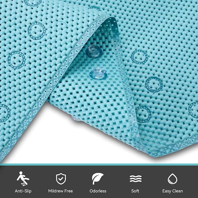 Bathtub Mat Non Slip Blue 36” X 17” Shower Mat Soft Foam Bath Mats for Bathroom Tub, Bathtub Mat with Drain Holes, Suction Cups, Shower Mat Non Slip