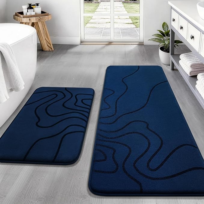 YIHOUSE Memory Foam Bathroom Rugs Sets 2 Piece - Extra Thick Ultra Soft Absorbent Bath Mat Set, Non-Slip Machine Washable Bath Rugs for Bathroom, Tub & Shower, Home Decor (17"x24"+20"x46", Dark Blue)