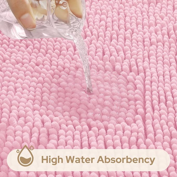 HOMEIDEAS 3 Pieces Bathroom Rugs, Ultra Soft Non Slip Absorbent Chenille Toilet Bath Mat Set (Light Pink)