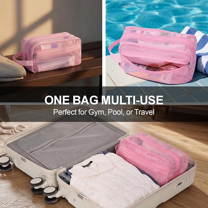 F-color Mesh Shower Caddy Portable with Zipper - 2 Pockets Small Shower Bag Tote for Camping, Gym, Travel, Toiletry, Quick Dry Bathroom Essentials with S Hook, Pink