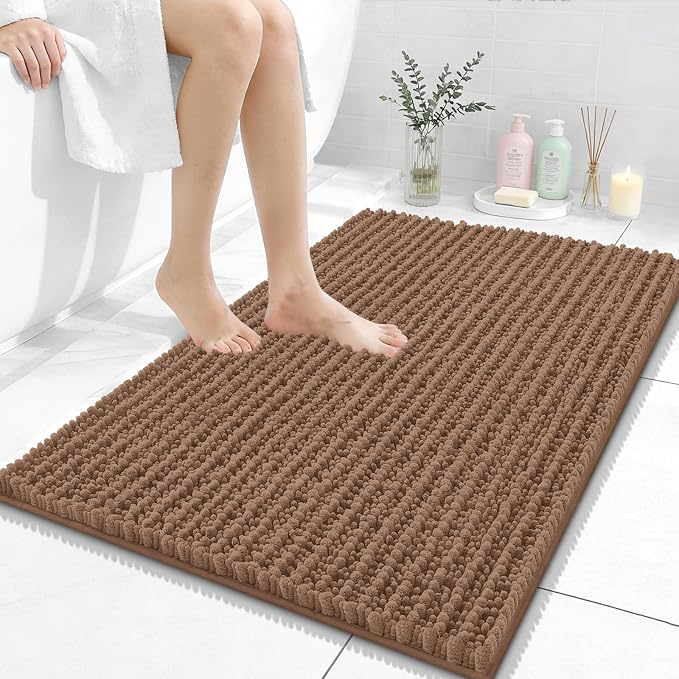 OLANLY Bathroom Rug Mat 36x24, Thick Soft and Absorbent Chenille Bath Mat, Non-Slip Rubber Backing, Machine Washable Quick Dry Bath Rugs for Tub Shower Floor, Home Decor Accessories, Mocha
