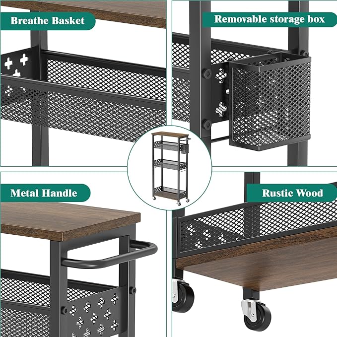XYZLVSI Slim Storage Cart 4 Tier Laundry Cart with Wheels, Narrow Metal Kitchen Rolling Carts Bathroom Organizers Storage Shelf with Wood Rack and Handle for Small Space