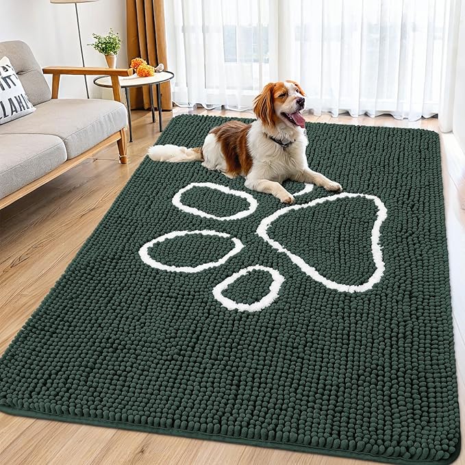 Smiry Dog Door Mat for Muddy Paws, Absorbent Dirt Trapper Non Slip Quick Dry Washable Chenille Mat for Mud Dogs, Entry Rug for Indoor and Outdoor (71x46 Inches, Green and White)