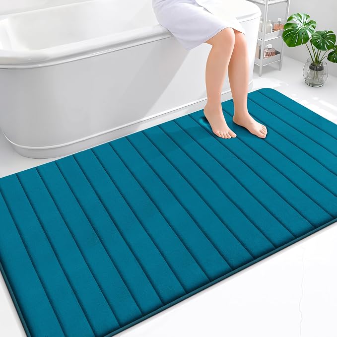 OLANLY Memory Foam Bath Mat 70x46, Super Soft Absorbent Bathroom Rugs, Quick Dry, Machine Washable Shower Floor Rugs, Bathmat Carpet, Bathroom Home Decor Accessories, Peacock Blue