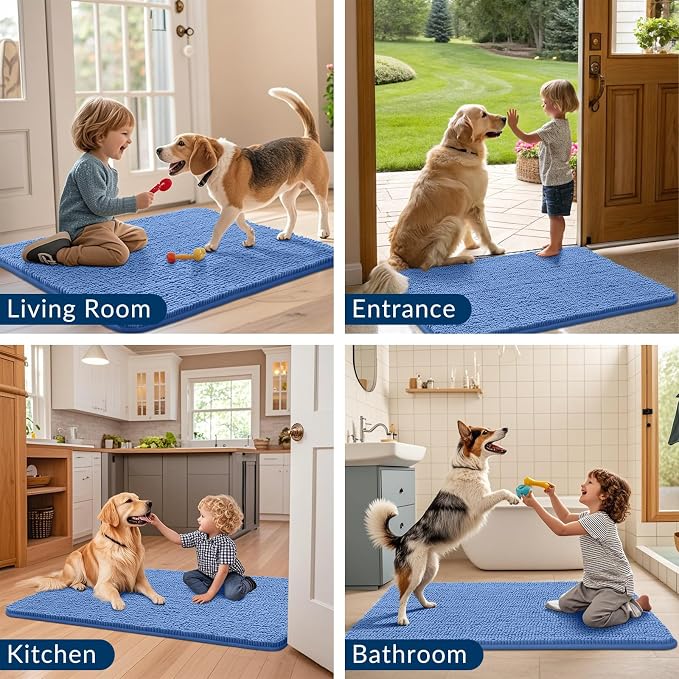 Smiry Dog Door Mat for Muddy Paws 36x24, Absorbent Dirt Trapper, Non-Slip Washable Chenille Entryway Rug for Inside Floor, Cornflower Blue, Classic Solid