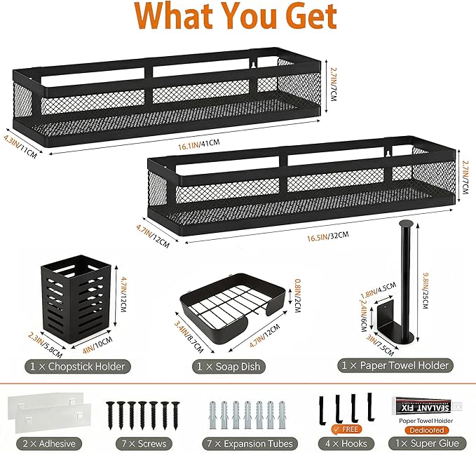 PUSDON 5-in-1 16.5" Extra Long Slim Wall Mount Wrapped Mesh Kitchen Organizer & Shower Caddy Kit, with Paper Towel Holder, Utensil Holder, Soap Dish, Holds 50LBS - Matte Black, Netting