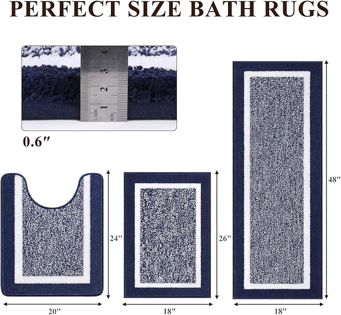 Pauwer 3 Piece Bath Mat Set, Non-Slip Plush Rugs, Absorbent Shaggy Set With U-Shaped Contour Toilet Mat for Bathroom, Bedroom, Living Room, Navy