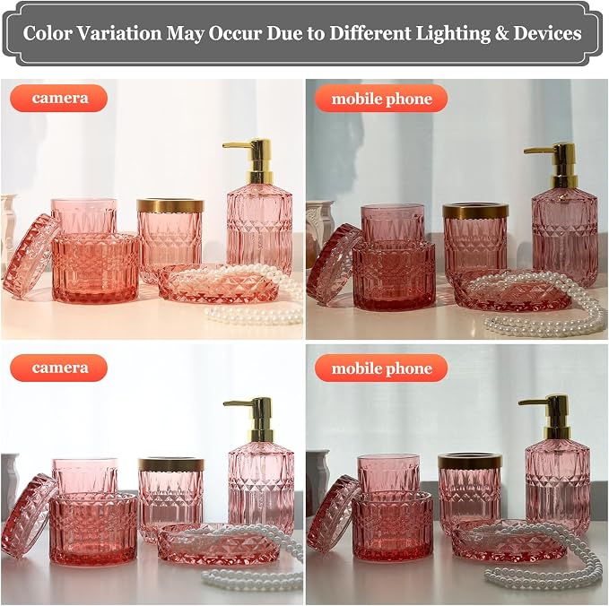 New Pink Glass Bathroom Accessories Set 5 Pcs, Pink Bathroom Set, Soap Dispenser and Toothbrush Holder Set, Qtip Holder Set, Vintage Bathroom Sink Set, Cute Bathroom Decor