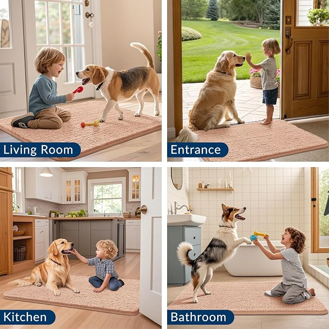 Smiry Dog Door Mat for Muddy Paws 30x20, Absorbent Dirt Trapper, Non-Slip Washable Chenille Entryway Rug for Inside Floor, Peach, Classic Solid