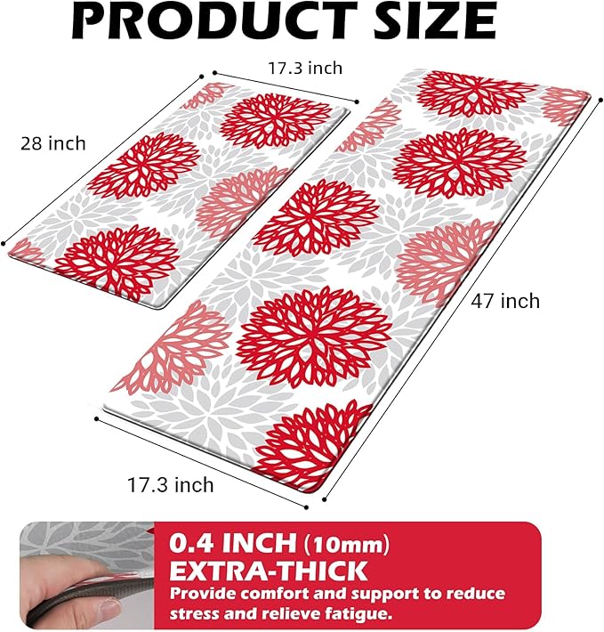 Kitchen Mats Set of 2 Cushioned Anti Fatigue Kitchen Rugs Non Slip Waterproof Kitchen Runner Memory Foam Kitchen Floor Mat Comfort Standing Mat for Sink,Office,Laundry, Red