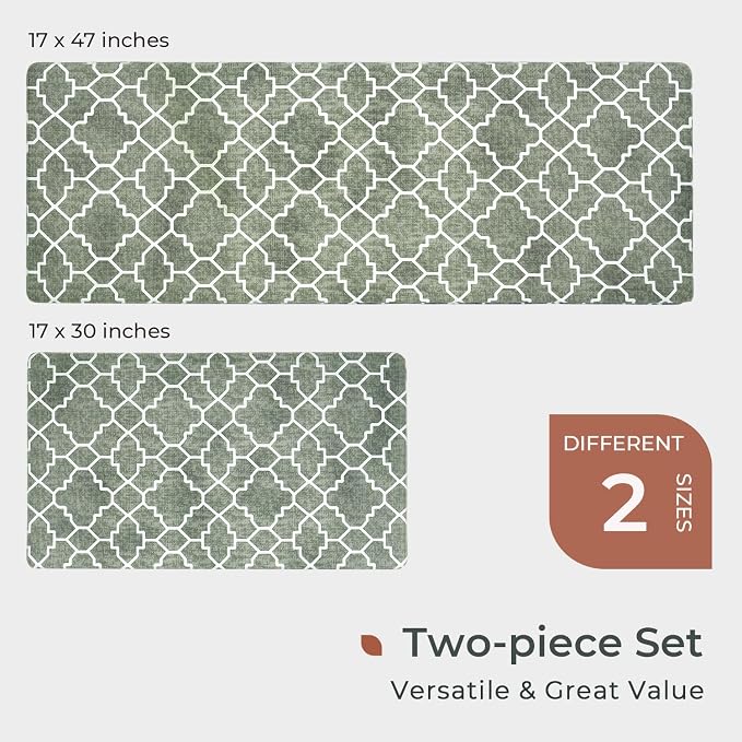 FRESHMINT Kitchen Mat Set of 2, Anti-Fatigue Cushioned Kitchen Mats for Floor, Waterproof Non Slip Comfort Standing Mat, Boho Kitchen Rug for Kitchen Decor, Sink, Office, 17"x30"+17"x47", Sage Green