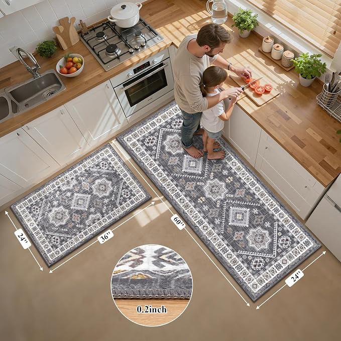 HEBE Boho Kitchen Rugs Sets of 2, Non Slip Washable Kitchen Mats for Floor, Farmhouse Kitchen Carpet Runner Rug Set for Sink, Stove, Laundry Room & Hallway