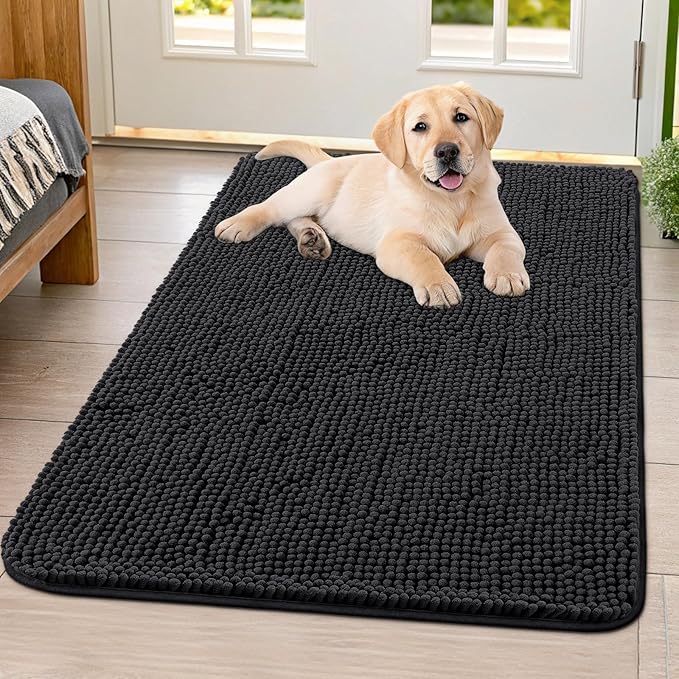 Smiry Dog Door Mat for Muddy Paws 40x32, Absorbent Dirt Trapper, Non-Slip Washable Chenille Entryway Rug for Inside Floor, Black, Classic Solid