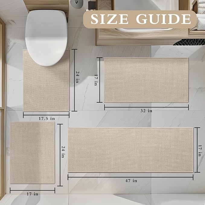 YIHOUSE Beige Bathroom Rug Sets 4 Piece, Absorbent Bath Mat for Bathroom Non Slip Washable, Bathroom Mat Quick Dry, Thin Bath Rug Set for Toilet and Floor