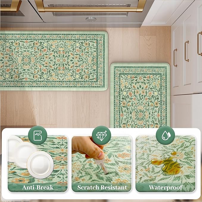 KIMODE Anti Fatigue Mats for Kitchen Floor, 17.3"x29"+17.3"x47" Farmhouse Kitchen Rugs Sets of 2, Cushioned Kitchen Mats for Floor Non Slip, Padded Standing Desk Mat for Sink Laundry Desk Green