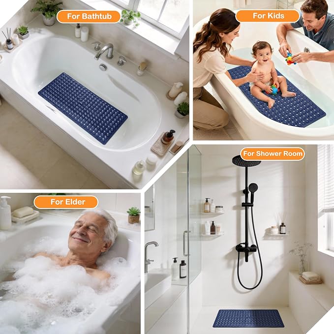 Yimobra Bathtub Mat Non Slip, 27.5"X15.5" Machine Washable Shower Floor Mat, Soft on Feet, Bathmat with Drain Holes and Suction Cups, Bathroom Essentials, Dark Blue