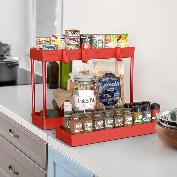 Simple Houseware 3-Tier Slim/Narrow Storage Cart with Handle, 5.5'' Wide x 27.5'' Height Rolling Organizer for Kitchen, Bathroom, Laundry Room - Red
