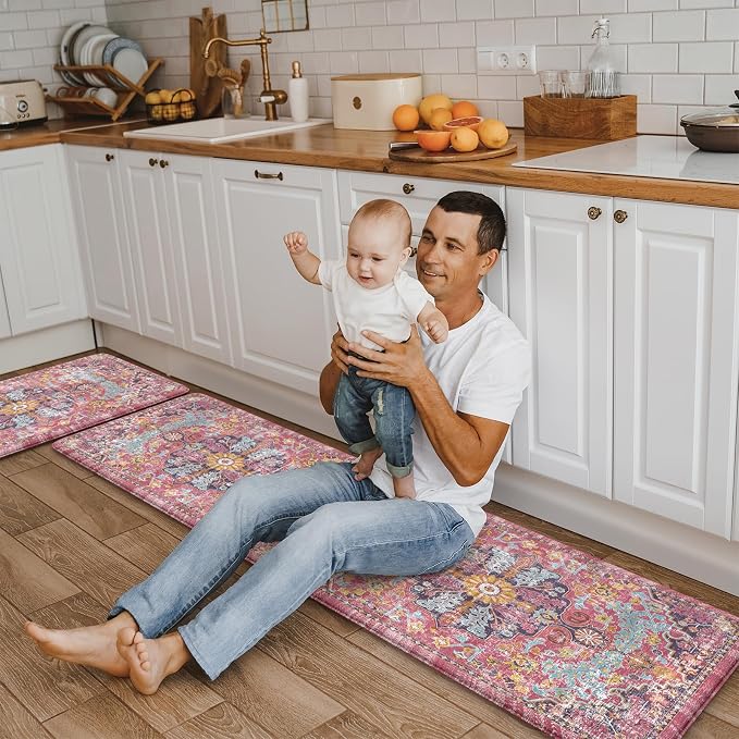 KIMODE Anti Fatigue Kitchen Mat, Cushioned Boho Kitchen Rugs Sets of 2, Non Slip Farmhouse Kitchen Mat for Floor, Waterproof Standing Desk Mat for Laundry, Office, Sink Fuchsia/Multi 17"x59"+17"x29"