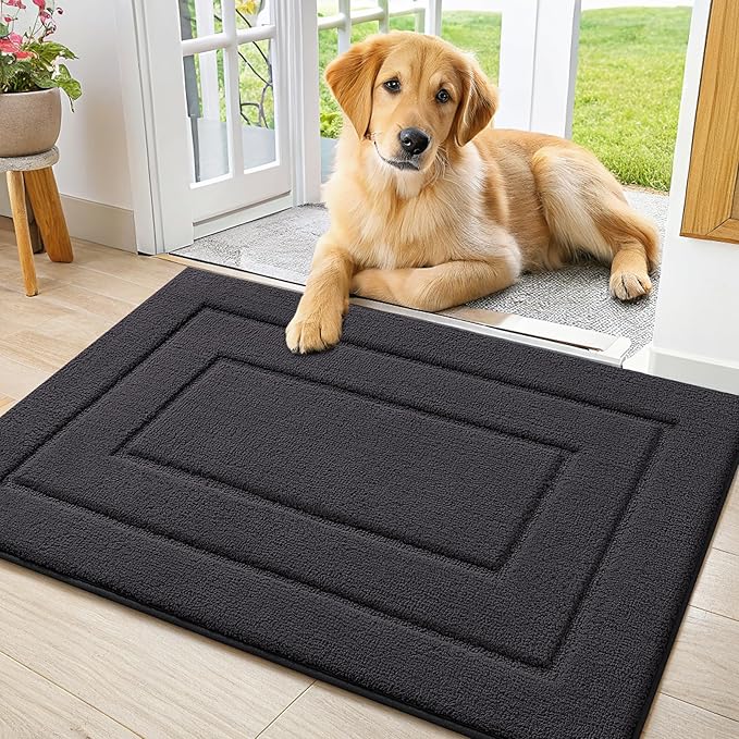 Smiry Dog Door Mat for Muddy Paws, Absorbs Moisture and Dirt, Low-Profile Entryway Mat with Non-Slip Backing, Entry Indoor Outdoor Doormat for Inside Floor (30x20 Inches, Dark Grey, Bordered)