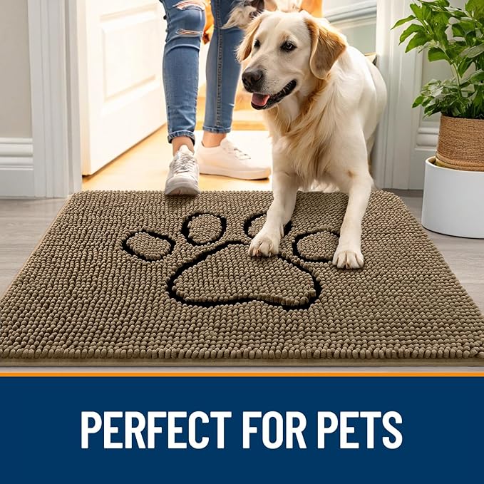 OLANLY Dog Door Mat for Muddy Paws 30x20, Paw Print Design, Absorbs Moisture and Dirt, Absorbent Non-Slip Washable Doormat, Quick Dry Chenille Mud Mat for Dogs, Entry Indoor Entryway Carpet, Tan