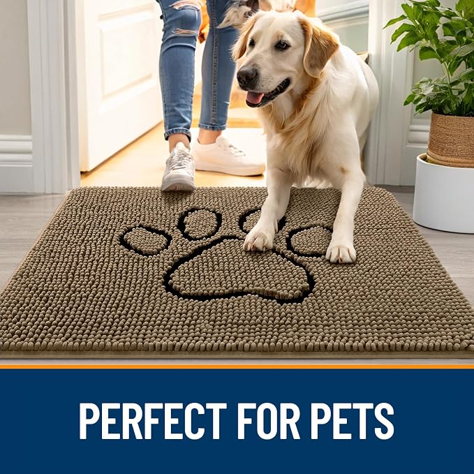 OLANLY Dog Door Mat for Muddy Paws 59x35, Paw Print Design, Absorbs Moisture and Dirt, Absorbent Non-Slip Washable Doormat, Quick Dry Chenille Mud Mat for Dogs, Entry Indoor Entryway Carpet, Tan