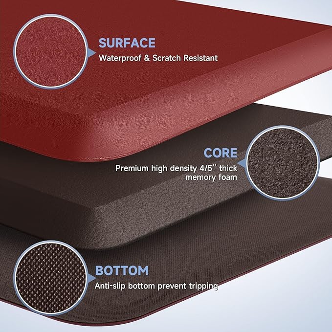 StepRite 4/5 Inch Thick Kitchen Mat Anti Fatigue Mat Kitchen Rugs Kitchen Decor Non-Slip, Stain & Water Resistant, Kitchen Mats Desk Mat for Kitchen, Office, Workshop, Red, 17'' x 39''