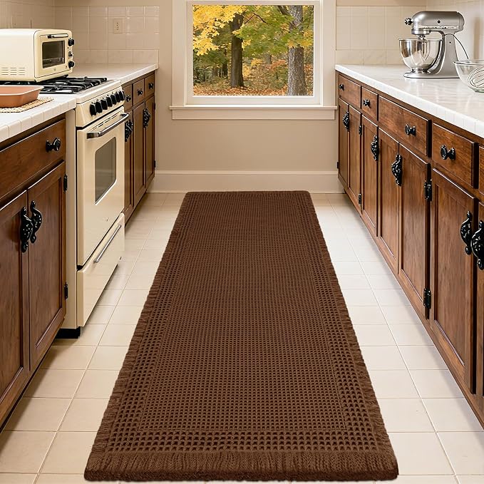 Waffle Bath Mat, Boho Woven Modern Bath Rug Absorbent Non Slip, Ultra Soft Bathroom Mats, Machine Washable Knit Bath Rugs with Border for Bathroom, Bedroom, Kitchen, Shower, Tub, 36"x24", Brown
