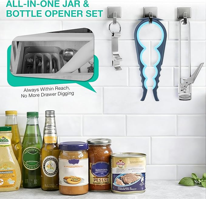 Jar Openers for Weak Hands, 4 Piece Kitchen Opening Set with 5 in 1 Bottle Opener, Adjustable Stainless Steel Jar Opener and 2 Keychain Bottle Openers, Easy Grip Solution for Seniors & Arthritis