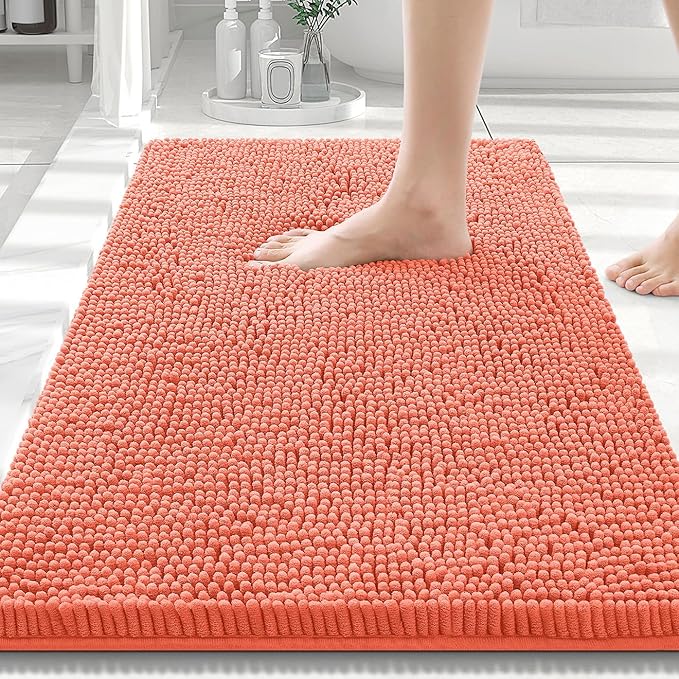 Smiry Luxury Chenille Bathroom Rugs 30x20, Extra Soft and Absorbent Shaggy Bath Mat, Machine Washable, Non-Slip Plush Carpet Runner for Tub, Shower, and Floor, Home Decor Accessories, Coral