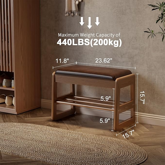AQIMUELE Shoe Rack Bench,2 Tiers Shoe Bench with Storage with Flip-Top,Wood Shoe Rack for Entryway,Hallway（Dark Walnut Upholstered Seat,11.8" D x 23.62" W x 15.7" H）