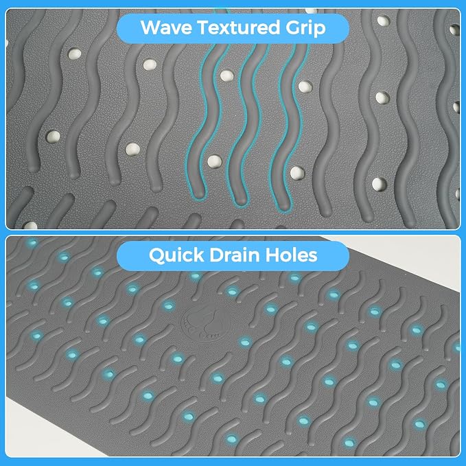 Non Slip Bathtub Mat & Shower Mat, 31x15'' Anti Slip Bath Mat for Tub, Soft TPE Anti-Skid Bathroom Mat with 194 Suction Cups & Drain Holes, Wave-Textured Grip, Machine Washable, Grey