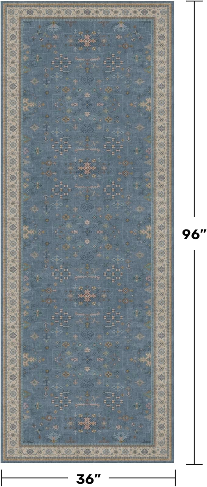 Washable 3x8 Throw Rug for Hallway - Blue Rugs for Entryway Indoor, Bedroom Bedside, Mudroom, Boho Eclectic Modern Décor, Non Slip Low Pile Fade Resistant