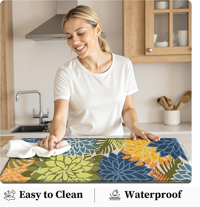 Arenarug Kitchen Mats for Floor 2 Piece Cushioned Anti Fatigue Kitchen Mats Waterproof Non Slip Kitchen Mat Rug Set Comfort Foam Standing Mat for Sink, Laundry, Office, Yellow Green