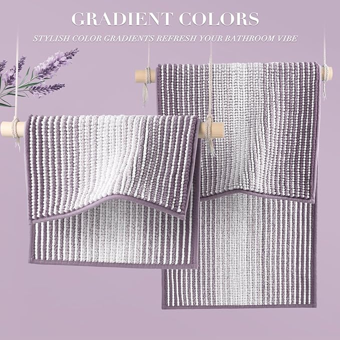 Bathroom Rugs and Mats Sets, 2 Piece Thick Absorbent Chenille Bath Mat Rug Set Non Slip, Soft Shaggy Bath Room Floor Mats for Bathroom, Machine Washable (Lavender Purple, 20" x 32" Plus 16" x 24")