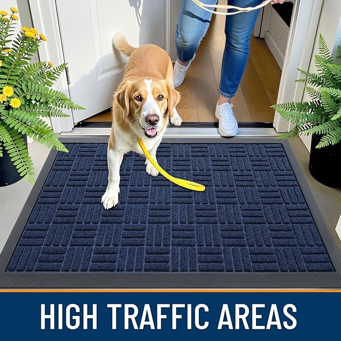 OLANLY Front Door Mat Outside Entrance 59x23, Absorbent, Heavy Duty Sturdy Natural Rubber Doormat Indoor Outdoor, Non-Slip, Stain and Fade Resistant, Low Profile Floor Mat for Entryway, Navy Blue