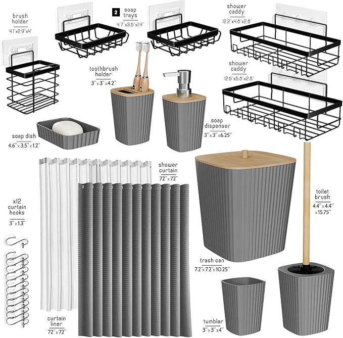 Clara Clark Bathroom Accessories Set - Bathroom Set with Adhesive Corner Shower Caddy Hanging, 25PC Bathroom Accessory Set, Grey Shower Curtain Set, Toilet Brush, Trash Can & Soap Dispenser