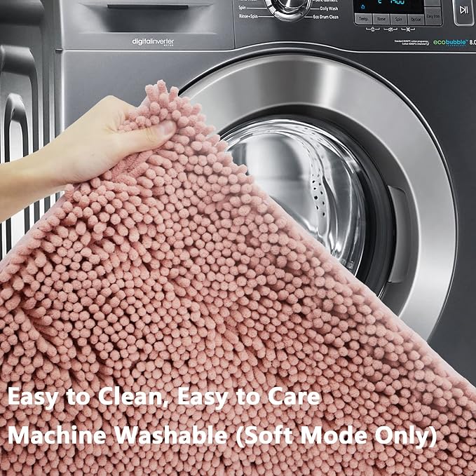 Bathroom Rugs Chenille 3-Piece Extra Soft and Absorbent Shag Bathroom Rugs, Machine Wash Mat, Strong PVC Non-Slip Underside, Plush Carpet Mats (Deep Pink)