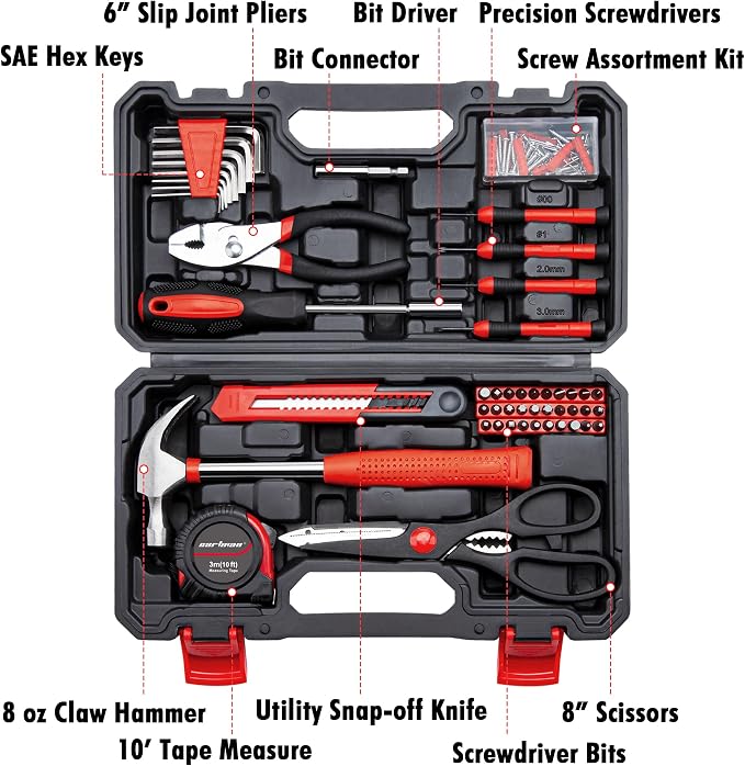 CARTMAN Home Tool Set Kit, Basic Household Hand Tools with Storage Case Dark Red