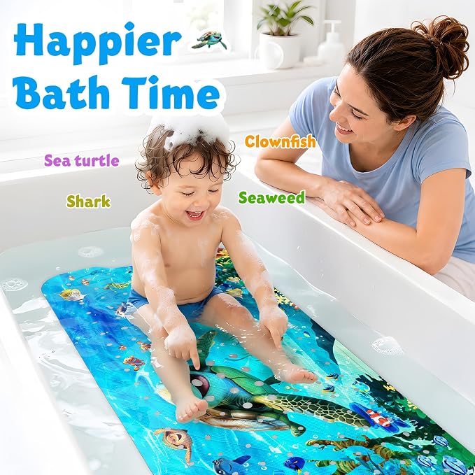 XIYUNTE Baby Bath Mat for Tub Non Slip Kids Bath Mat - 40''x16'' Extra Long Cartoon Bathtub Mat Non Slip Kids Shower Mat Eco-Friendly Toddler Bath Mats with Suction Cups, Machine Washable