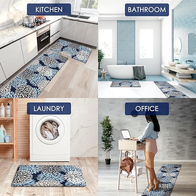 Kitchen Mats Set of 2 Cushioned Anti Fatigue Kitchen Rugs Non Slip Waterproof Runner Memory Foam Kitchen Floor Mat Comfort Standing Mat for Sink, Office, Laundry, Navy Blue