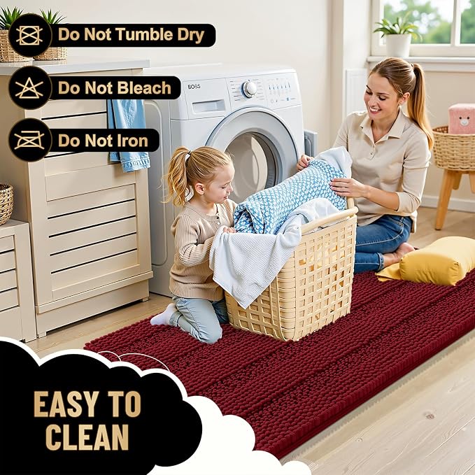 OLANLY Thick Bathroom Runner Rugs 44x24, Extra Absorbent Chenille Striped Bath Rugs, Rubber Backing, Machine Wash Dry, Long Bath Mats for Bathroom Floor, Tub and Shower, Home Decor Accessories, Red