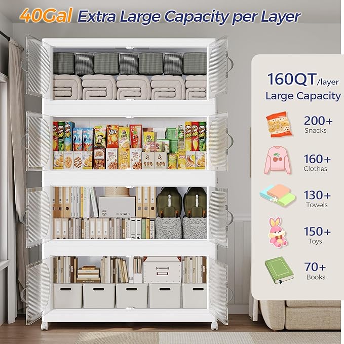 800QT Extra Large Stackable Storage Bins with Lid, 200Gal Plastic Closet Organizers and Storage Drawer, Collapsible Cabinet Box with Wheels Clear Doors for Home Kitchen Office, 5Pack White