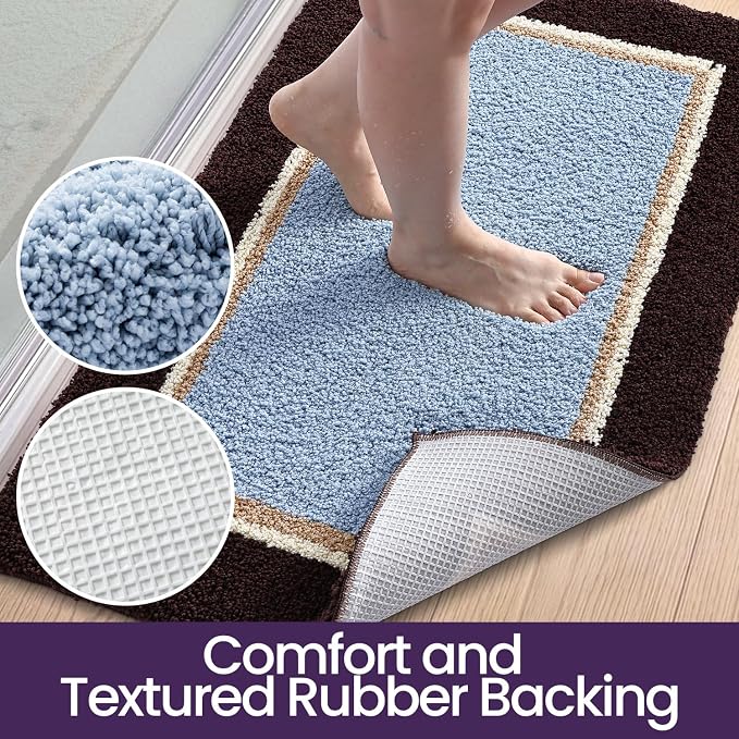DEXI Bathroom Rugs 32x20, Absorbent Extra Soft Plush Microfiber Bath Mat for Bathroom, Non Slip Washable Bathmat Quick Dry for Shower Floor, Sink, Tub, Laundry Room, Brown and Light Blue