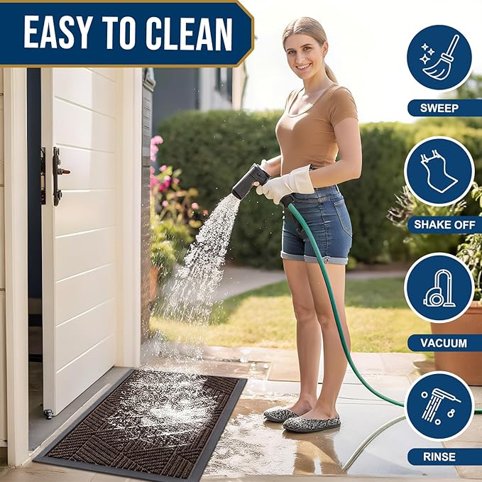 Smiry Front Door Mat Outside Entrance, Heavy Duty Sturdy Natural Rubber Doormat, Trap Dirt and Moisture, Easy Clean Low Profile Mats for Indoor Outdoor Entry, Irregular Triangle (59x30, Dark Brown)