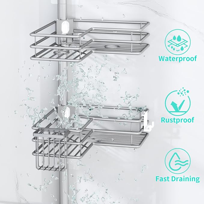 HapiRm Corner Shower Caddy Organizer - Shower Organizer Corner with Soap Holder, Toothbrush Holder and 4 Hooks, Rustproof Bathroom Shelf Tension Pole Available for 27.6 to 108.3 Inch - Silver