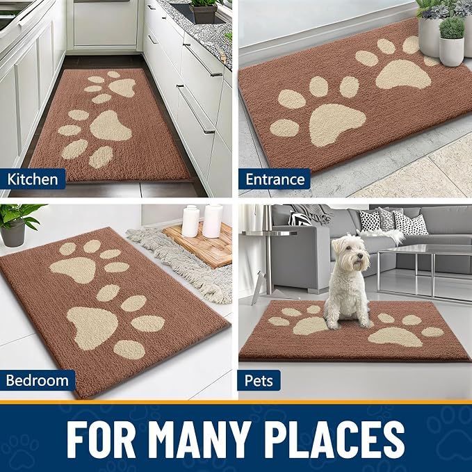 Smiry Dog Door Mat for Muddy Paws, Absorbs Moisture and Dirt, Low-Profile Entryway Mat with Non-Slip Backing, Entry Indoor Outdoor Doormat for Inside Floor (30x20 Inches, Camel, Paw)