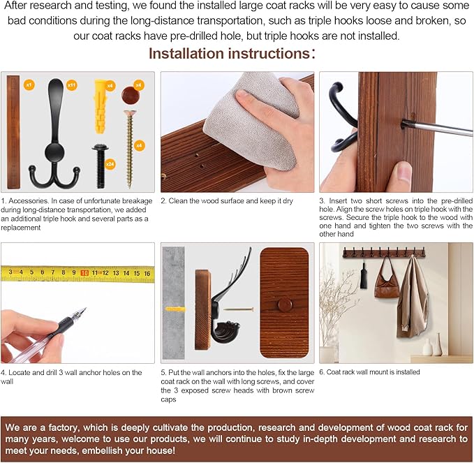 Large Coat Rack Wall Mount 38.6'' Rustic Wood Coat Rack Hook Long Coat Hooks Wall Mount Farmhouse Wall Hooks for Hanging Coat, Bags, Towels